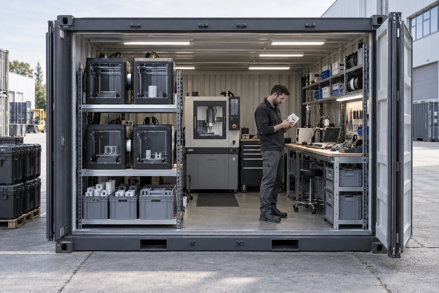 Concept illustration of a fabrication workshop housed in a transportable container